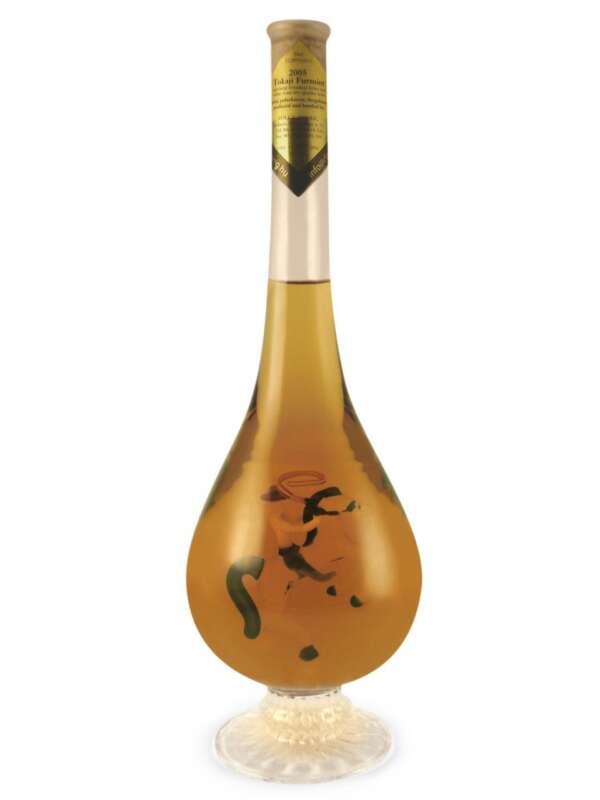 Húzott nyakú talpas csepp formájú palack, benne népi lovas figura, 0,5 liter