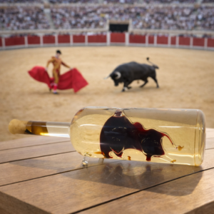 Hengeres fektethető palack benne bikával, 0,5 liter