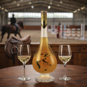 Húzott nyakú talpas csepp formájú palack, benne népi lovas figura, 0,5 liter