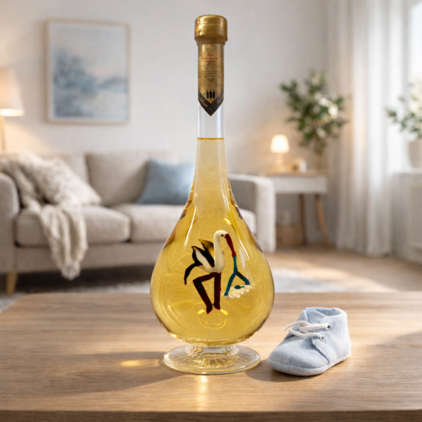 Húzott nyakú talpas csepp formájú palack, gólya babával  0,5 liter