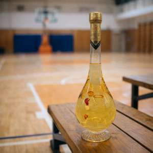 Húzott nyakú talpas csepp formájú palack, kosaras 0,5 liter