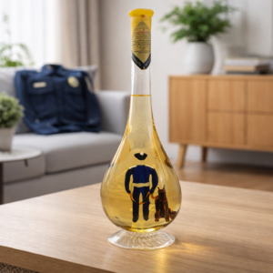 Húzott nyakú talpas csepp formájú palack, rendőr kutyával 0,5 liter