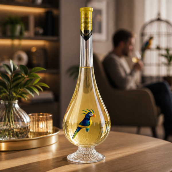 Húzott nyakú talpas csepp formájú palack, papagáj  0,5 liter